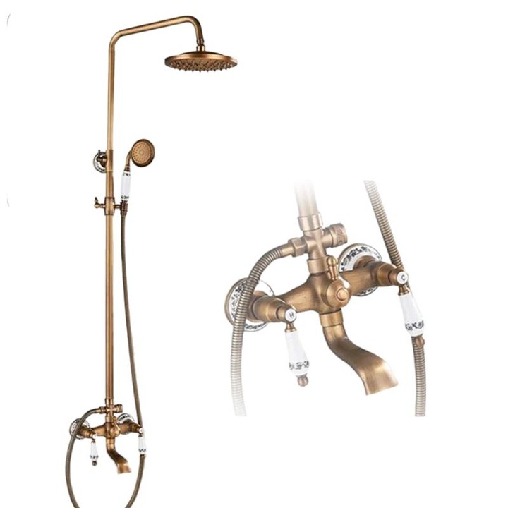 Set de dus cu robinet si dus manual, finisaj antiquebrass, control temperatura cu 2 manere, cap de dus tip ploaie