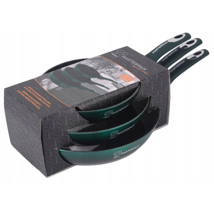 3 db-os Masterpan serpenyős készlet, alumínium/márvány, 20x4cm/24x4,5cm/28x5cm, zöld