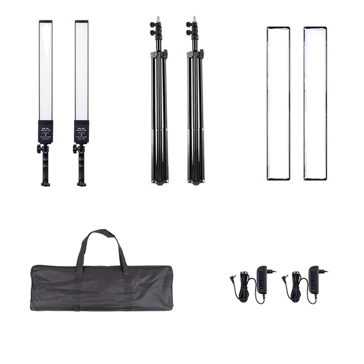 Kit de iluminare foto, 3200K-5500K, luminozitate ajustabila, 2 panouri LED, 2m