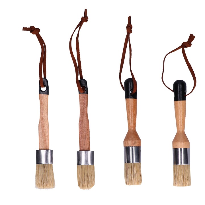 Set 4 pensule de vopsit Bizaical, cap rotund, maner din lemn, ergonomice, pentru decorare interioara