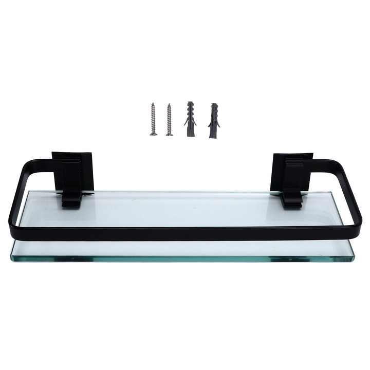Jormftte fürdőszobai polc, átlátszó/fekete, alumínium és üveg, súly 1277 g