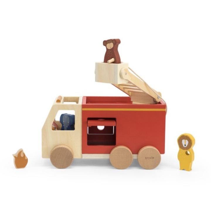 Set Camion de pompieri din lemn, Trixie, 3 animale, 28x16.6x19.5cm, multicolor