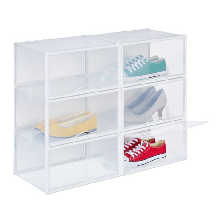 Set 6 cutii pentru depozitare pantofi, Relaxdays, transparent, 19 x 34.5 x 27 cm