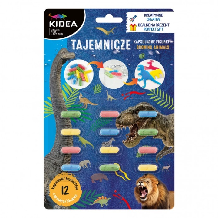 12 db dinoszaurusz kapszula készlet, Kidea, 150 x 230 mm, többszínű