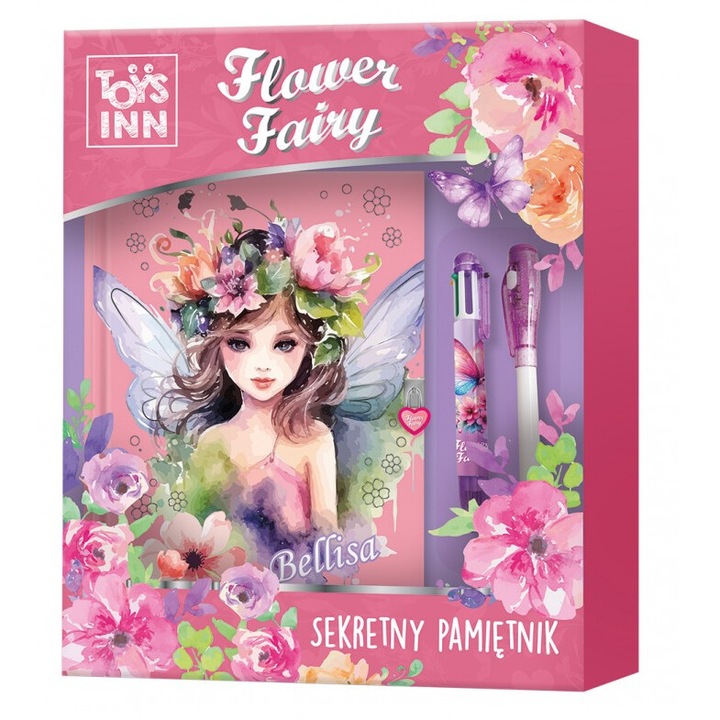 Jurnal Flower Fairy Bellisa, Toys Inn, 90 pagini, cu lacat, set cu stickere si 2 pixuri, 223x280x47mm
