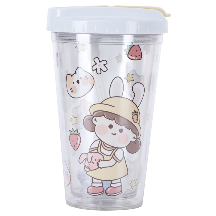 Pohár tetővel és szívószállal, Jormftte, aranyos kislány mintával, 450ml