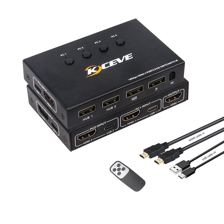 Switcher HDMI 4 porturi, 4-in-1, 4K60, control buton, set