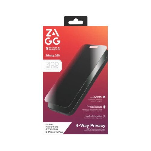 Folie sticla securizata ZAGG Invisibleshield Glass Elite Privacy 360 compatibila cu iPhone 16 Plus / 15 Plus, Negru