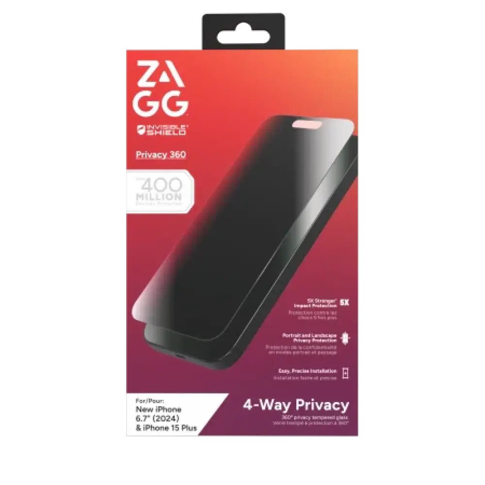 Folie sticla securizata ZAGG Invisibleshield Glass Elite Privacy 360 compatibila cu iPhone 16 Plus / 15 Plus, Negru