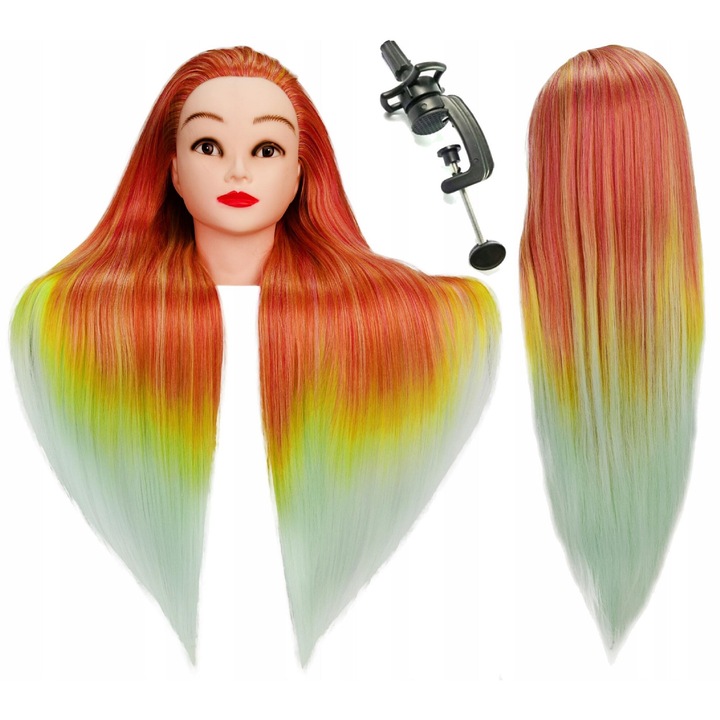 Cap de manechin pentru coafura Calissimo, 80 cm, par sintetic multicolor, set cu suport de fixare