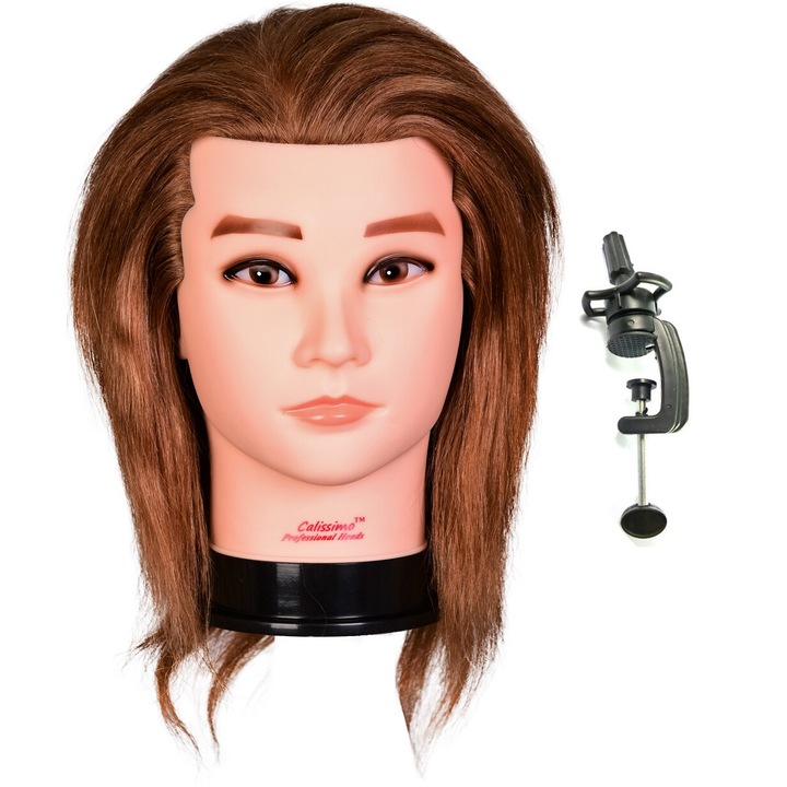 Cap de manechin pentru coafura, Calissimo, 40cm, par natural, cu suport inclus