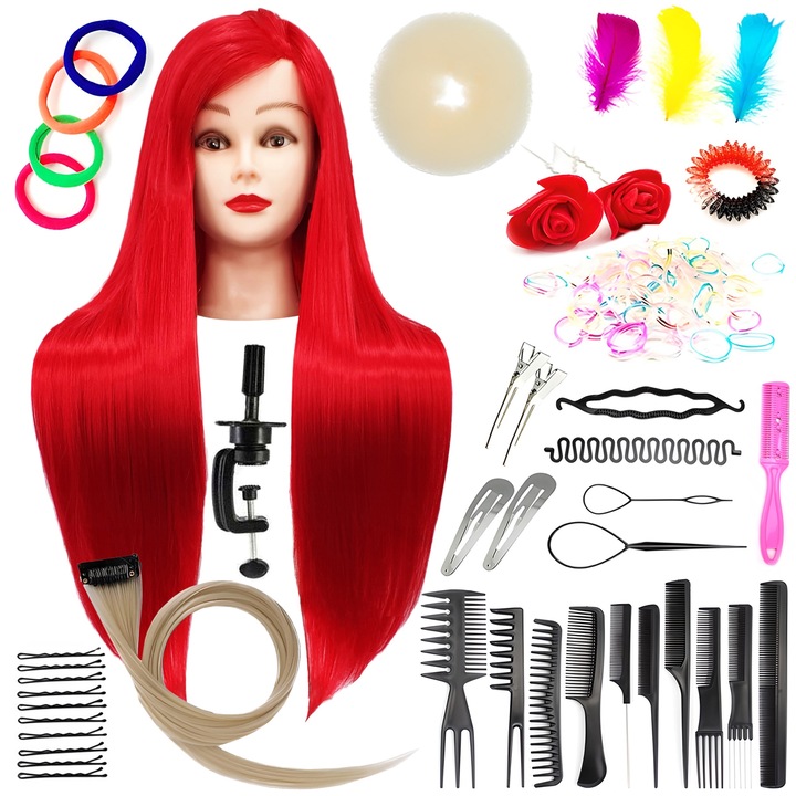 Комплект за фризьорско обучение, Calissimo, синтетична коса, 80 см, аксесоари, многоцветни