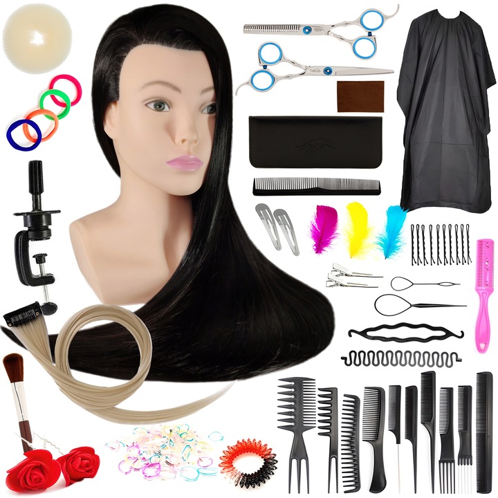 Set cap de antrenament pentru coafura Calissimo, par sintetic 80cm, accesorii complete, negru