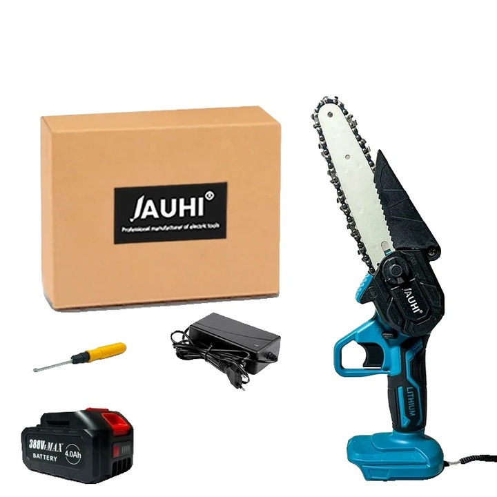 Elektromos láncfűrész, 6 hüvelykes, 18 V, készlet 1 elemmel, 2,01 kg, mérete 38x11x10,5cm