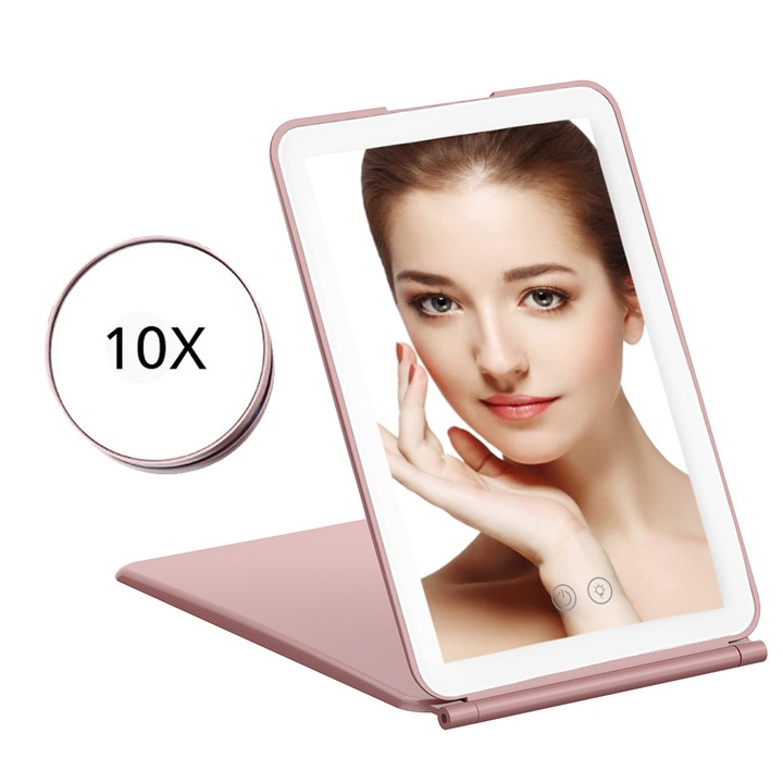 Oglinda cosmetica cu LED, 10x marire, neagra, dimensiuni 19.2x13x1.7cm, set cu oglinda de marire si cablu USB