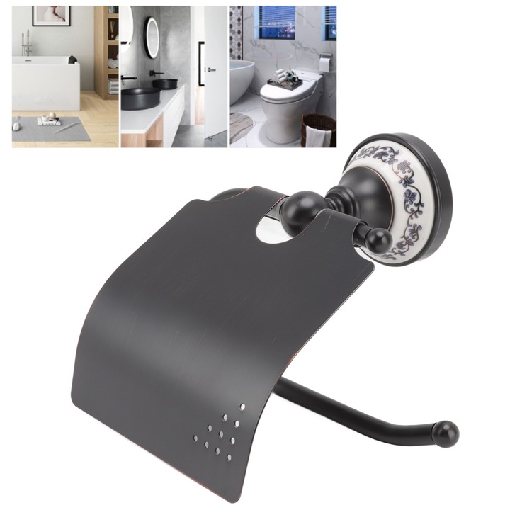 Papírtörlő adagoló, sötét bronz, kék és fehér, porcelán, falra szerelhető, szalvétatartó fürdőszobába, konyhába