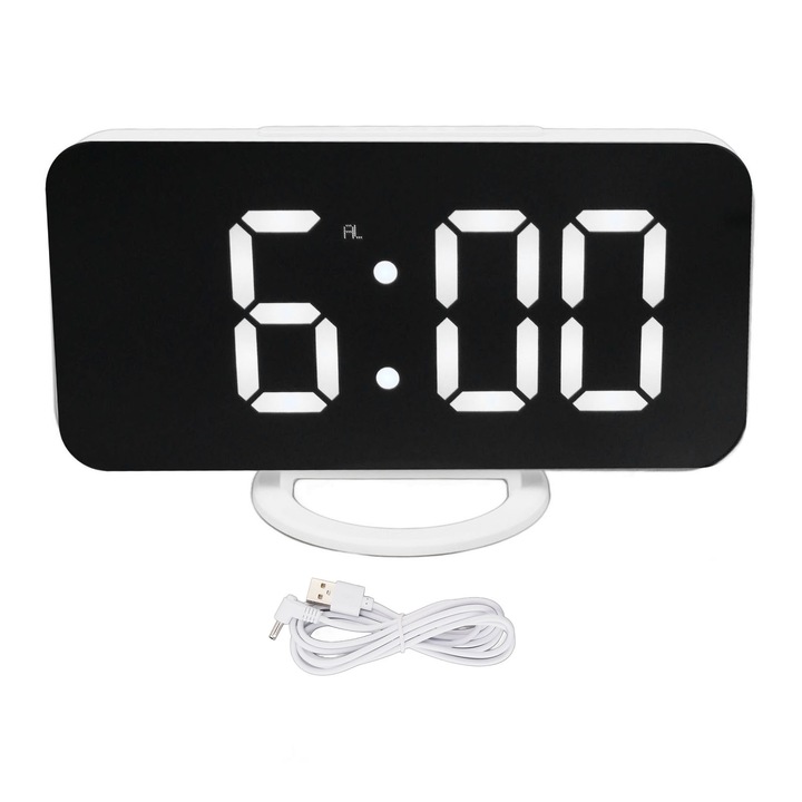 Jormftte többfunkciós digitális óra, szundi funkcióval, szabályozható fényerejű, nagy képernyővel, fehér, 10x5x3cm
