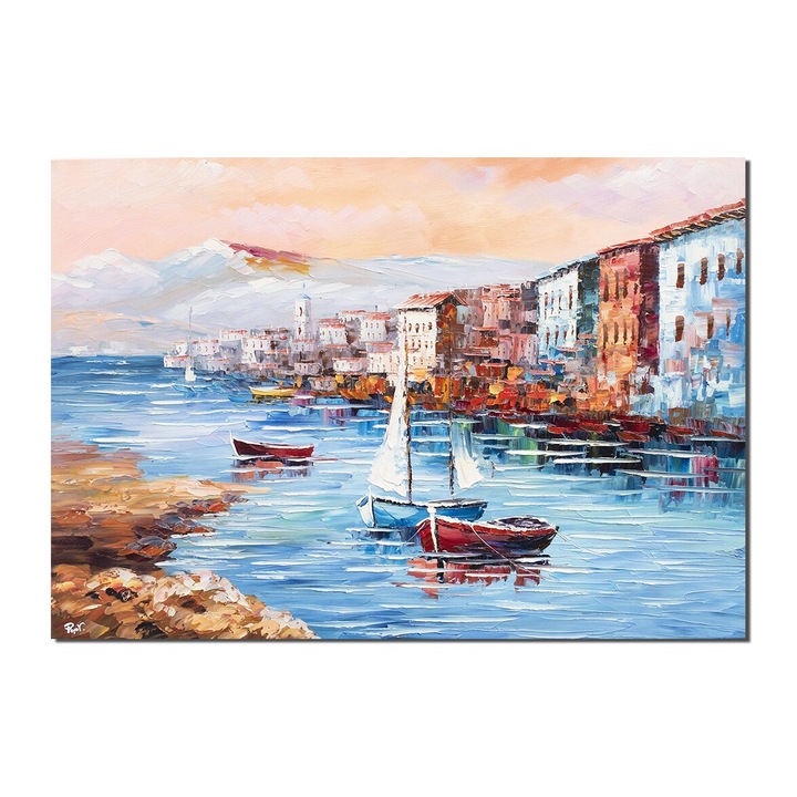 Tablou pictat manual, Apus de soare cu barci, 100x70cm ulei pe panza in cutit efect 3D, Valentin Pop