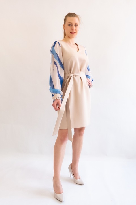 Миди рокля с връзване на талията, V-образно деколте, NeliNo, вискоза/полиестер, бежово