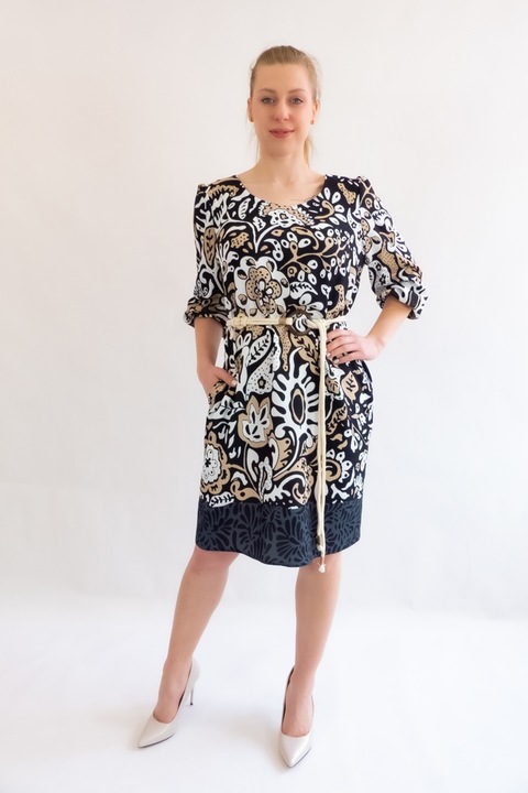 Midi ruha nőknek NeliNo, zsebekkel, poliészter/viszkóz, fekete/bézs