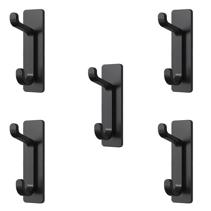Carlige adezive, metal, set, negru, pentru prosoape, haine, umbrele, 30x5cm