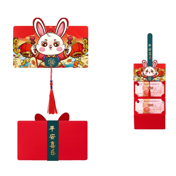 10 darab piros újévi boríték szett, Jormftte, 3D design, bojt díszítéssel, 10x15cm méret