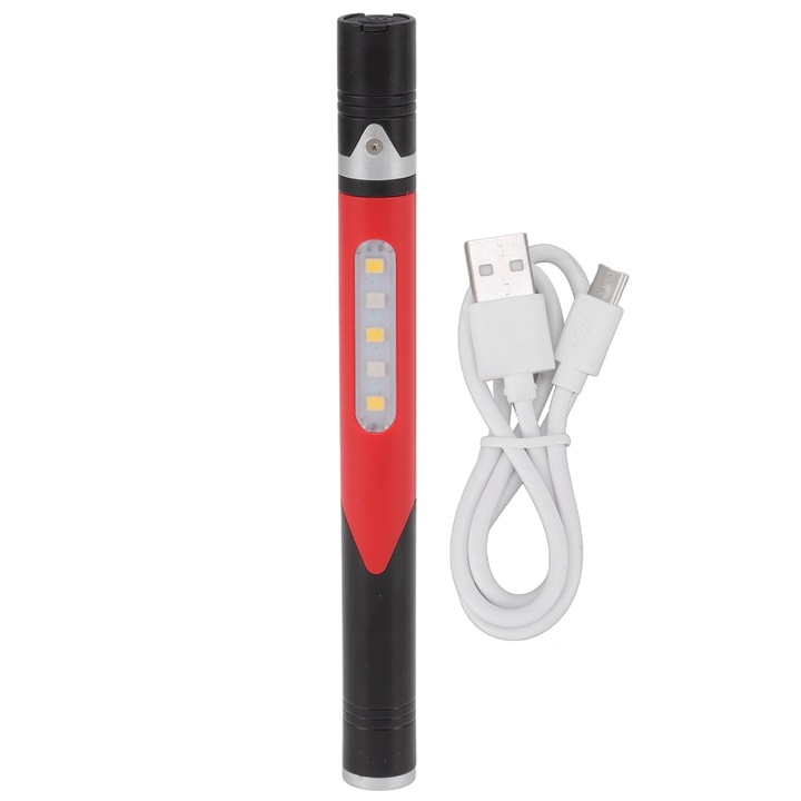 Фенерче с писалка Mmgoqqt, 3 източника на светлина, USB зареждане, 14,7x1,5 см, бяло/жълто/червено