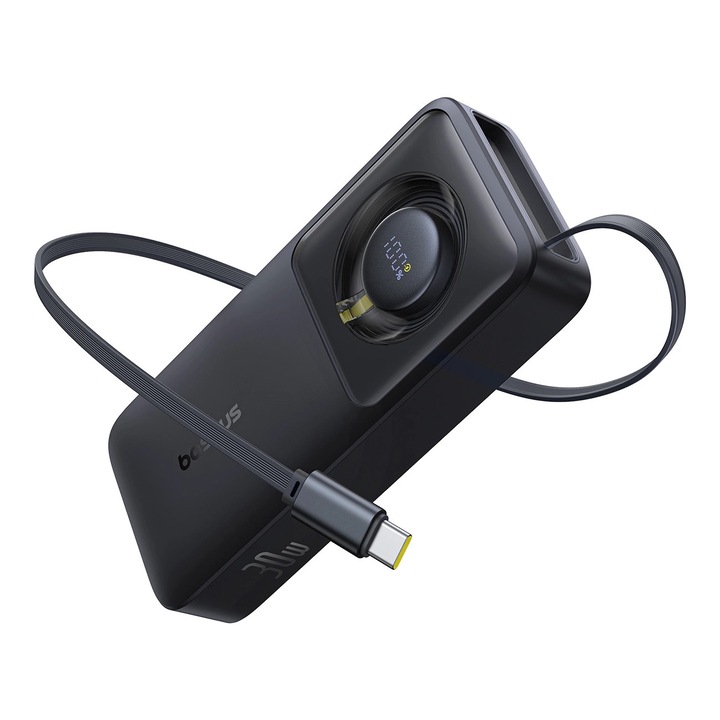 Powerbank 10000mAh, Baseus Free2Pull, 30W, USB-C, вграден кабел, черен