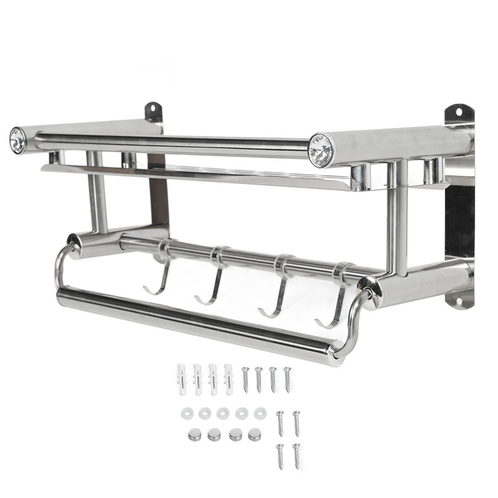 Suport de baie montat pe perete Bizaical, raft pentru prosoape cu carlige, design cu tava, 40x15x15.5cm, inox 201