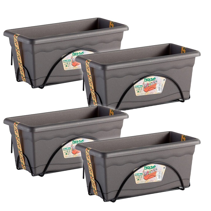 Ghiveci suspendat, Tessa, 4 piese, gri, 50x20cm, cu suport inclus, polipropilena