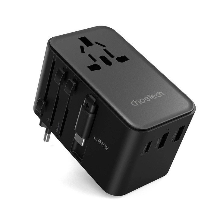 Choetech PD5021 45 W-os utazási adapter beépített USB-C kábellel, fekete, EU/USA/AUS/UK