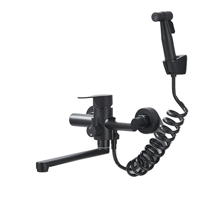 Смесител за кухня, дизайн с двойна опора, топла и студена вода, черен, стенен монтаж