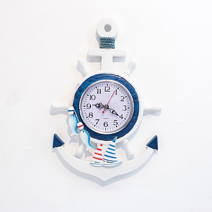 Jormftte dekoratív óra, hajómodell, fehér és kék színek, 34x23cm