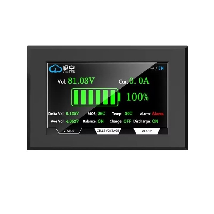 Akkumulátorkezelő rendszer, aktív kiegyensúlyozás, töltőáram 200A, 4,3 hüvelykes LCD, 8S-16S