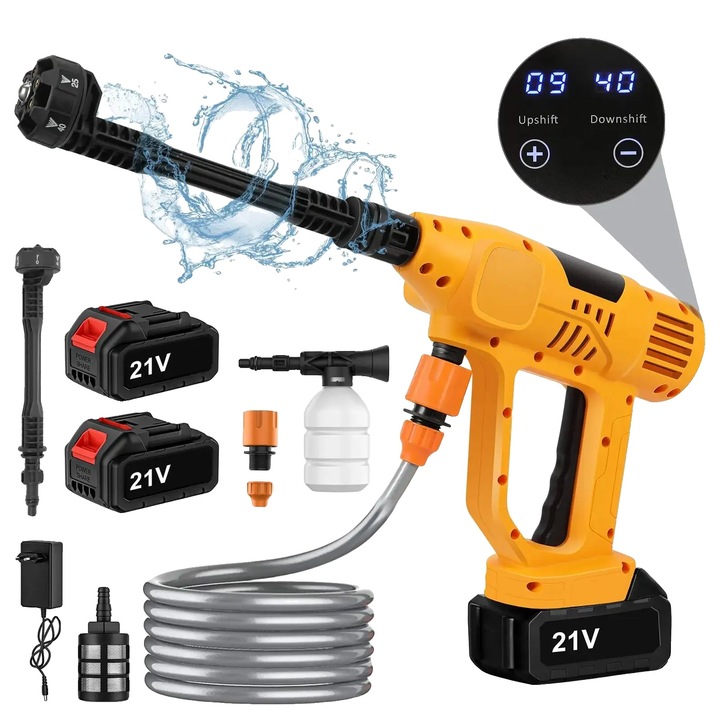 Pistol de apa electric fara fir, 500W, 65Bar, set cu 2 baterii, furtun de apa, sticla de spuma, duza