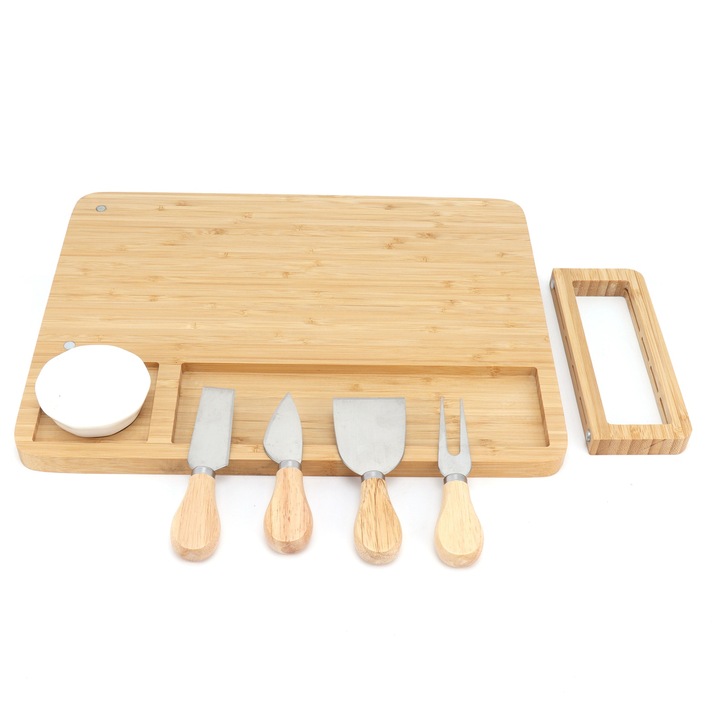 Set tava de branza din bambus, Enforose, 4 cutite, bol, 36x28x1.7cm
