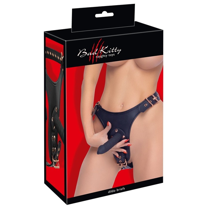 Centura Strap-on cu 3 dildouri, Bad Kitty, S/M, 14x3.5cm/12x3cm