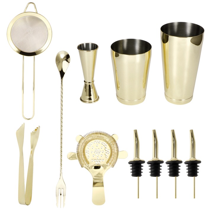 Koktél shaker készlet 11 részes, Jormftte, rozsdamentes acél, aranyozott kivitel, bár kiegészítők