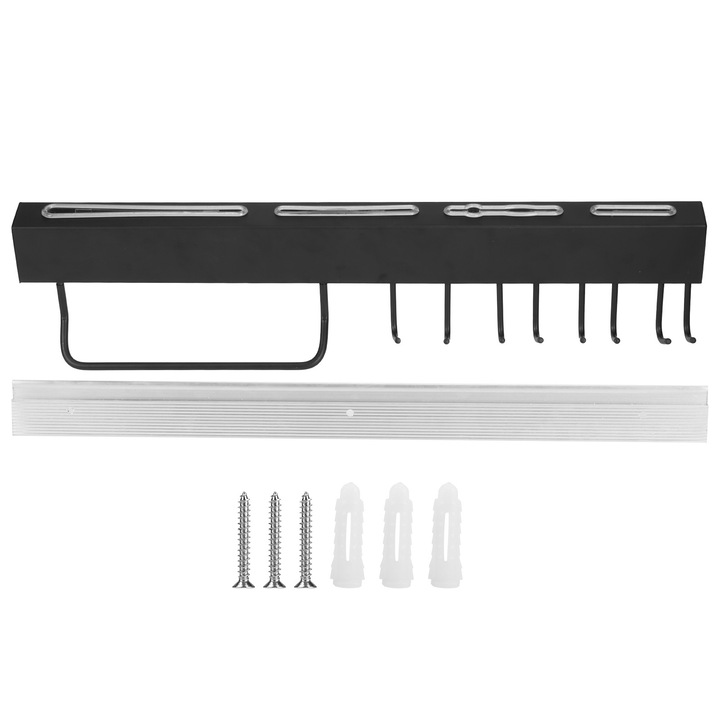 Jormftte 304 rozsdamentes acél evőeszköztartó, fekete, 50 cm, falra szerelhető, kampókkal