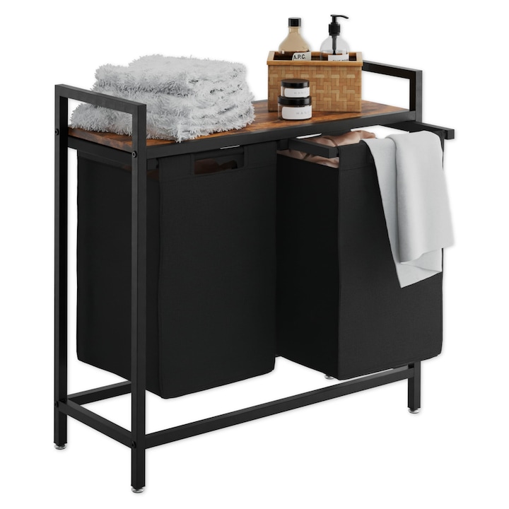 Lenmar, LS1, cos de rufe 2 compartimente, colector de rufe cu raft, cutie de rufe, buzunare detasabile, sac de rufe din tesatura Oxford, detasabil, cadru metalic, 48 litri x 2, 73 x 30 x 73 cm, maro + negru