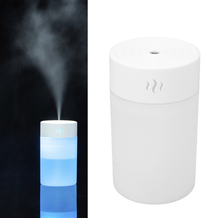 Mini párásító 260ml Színes LED fény, USB töltés, Hordozható asztali párásító, Sima fehér, Hálószobába, Irodába, Autóba