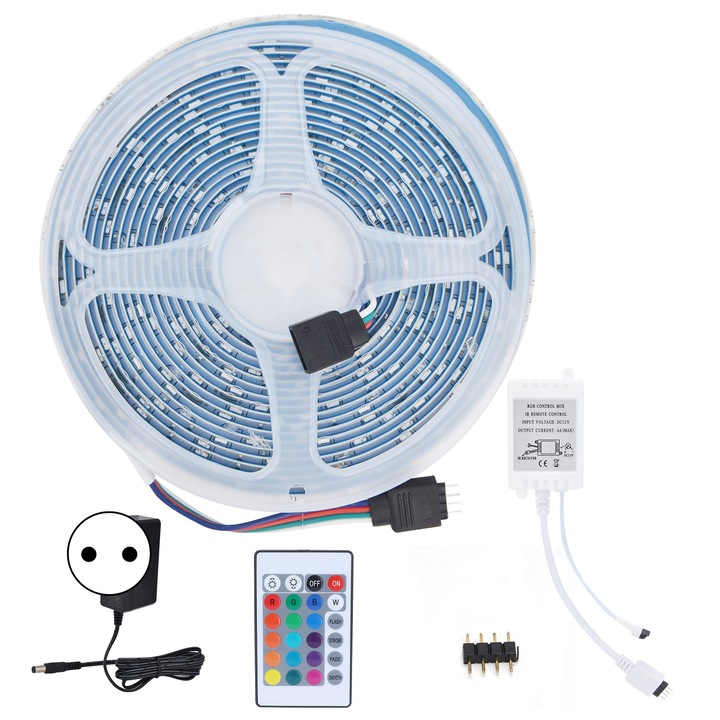 Комплект светлинни ленти 5 м/16,4 фута 3528 с 24-клавишно дистанционно управление, водоустойчива, 300 LED RGB светлинна лента за дома, EU щепсел 100-240V