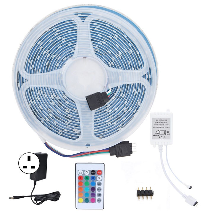 LED лента 5м, longziming, 300 RGB светодиода, водоустойчива, 24-бутонно дистанционно управление, 100-240V