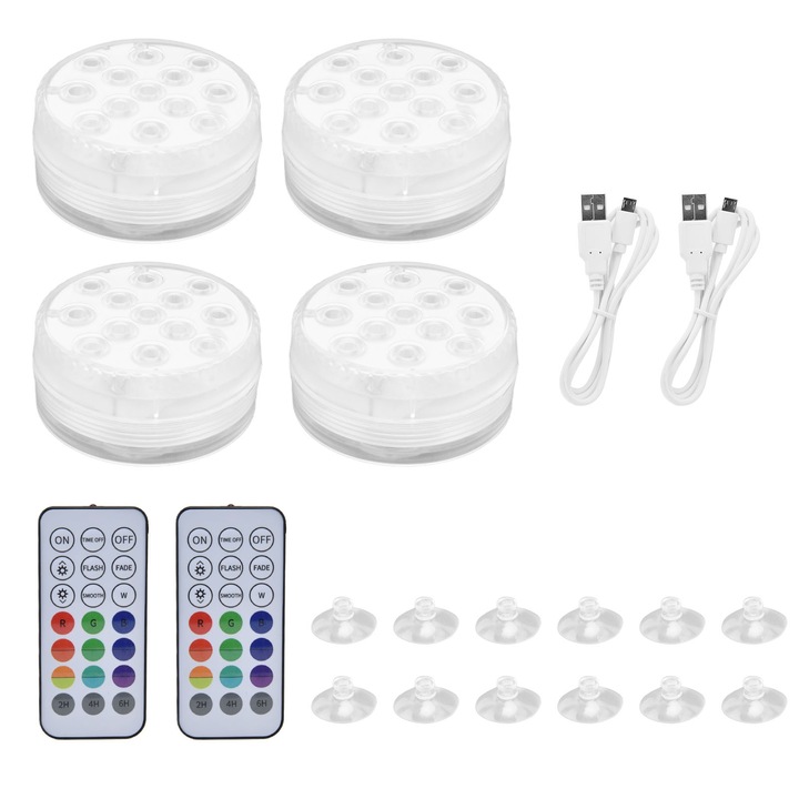 4 darabos LED víz alatti lámpa szett, longziming, 16 szín, távirányító, többszínű, 10x10x5cm