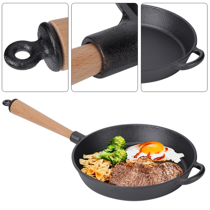 Háztartási konyhai eszközök Öntöttvas serpenyő Steak serpenyő fa fogantyúval Fa fogantyús serpenyő Átmérő 26 cm