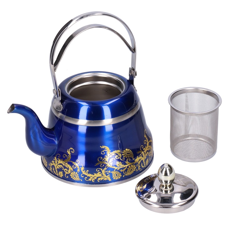 304 rozsdamentes acél teáskanna, klasszikus római stílusú, 1 literes, kék színű