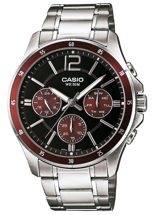 Ceas Casio MTP-1374PD-5AVEF, elegant, negru, inox, curea argintie, mecanism quartz, 5 ATM