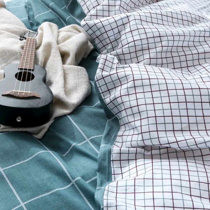 4 darab/szett kényelmes pamut ágyneműhuzat garnitúra paplanhuzat lepedő párnahuzat kék kockás