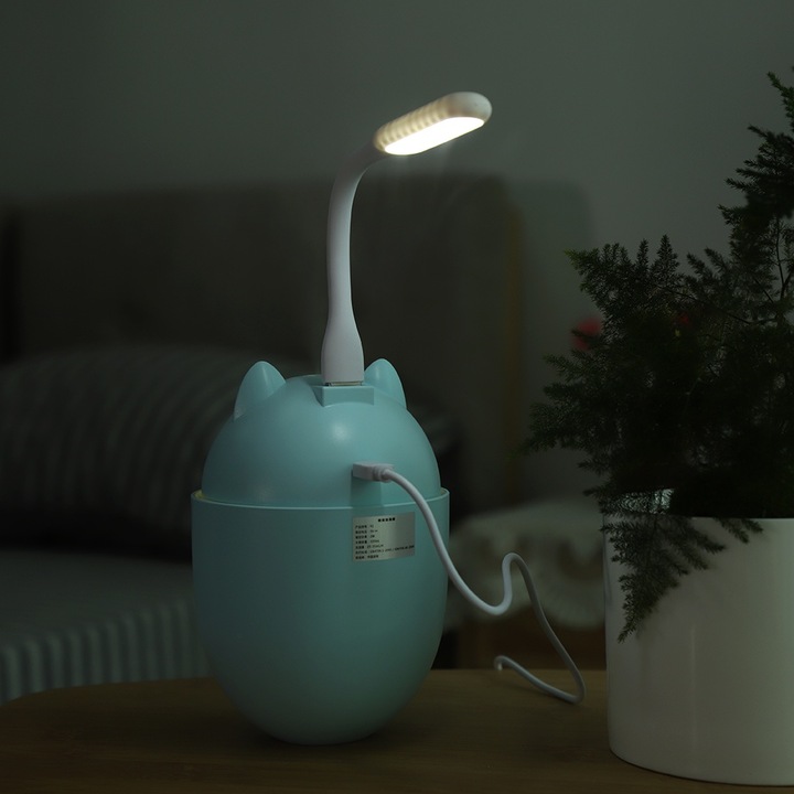 Multifunkciós párásító cicás dizájnnal, Jormftte, űrtartalom 320ml, kék színű, méretek 13,4x9,3x9,3cm, USB ventilátorral és LED lámpával.