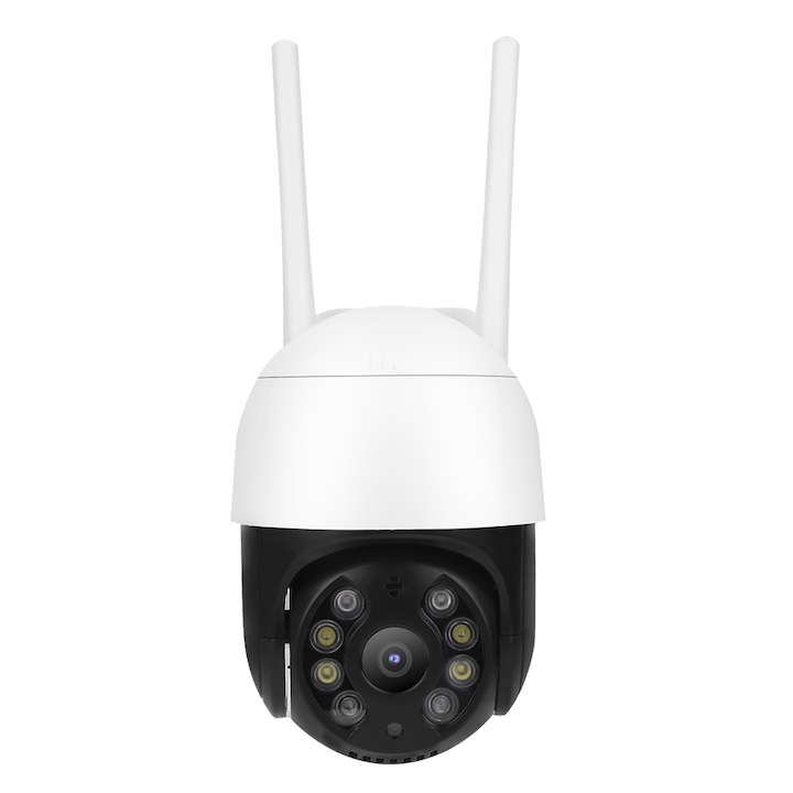Camera de supraveghere Jormftte 1080P HD, alb, IP66, cu alarmă sonoră și luminoasă, urmarire automată, rotatie 350x90 grade